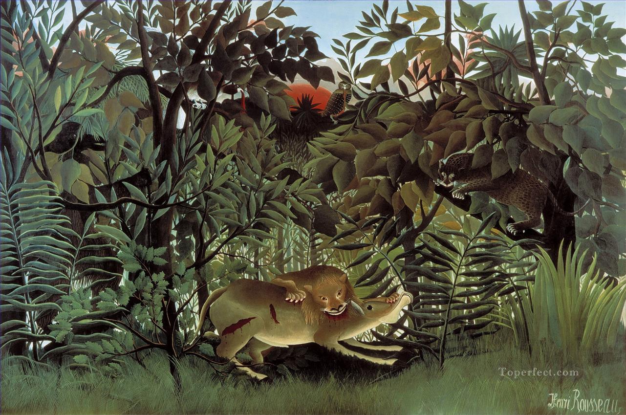 The Hungry Lion Attacking an Antelope Le lion ayant faim se jette sur antilope Henri Rousseau Post Impressionism Naive Primitivism Oil Paintings